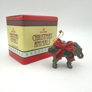Silver Deer Elephant Ornament Christmas Animals Grey Red 1990 Vtg